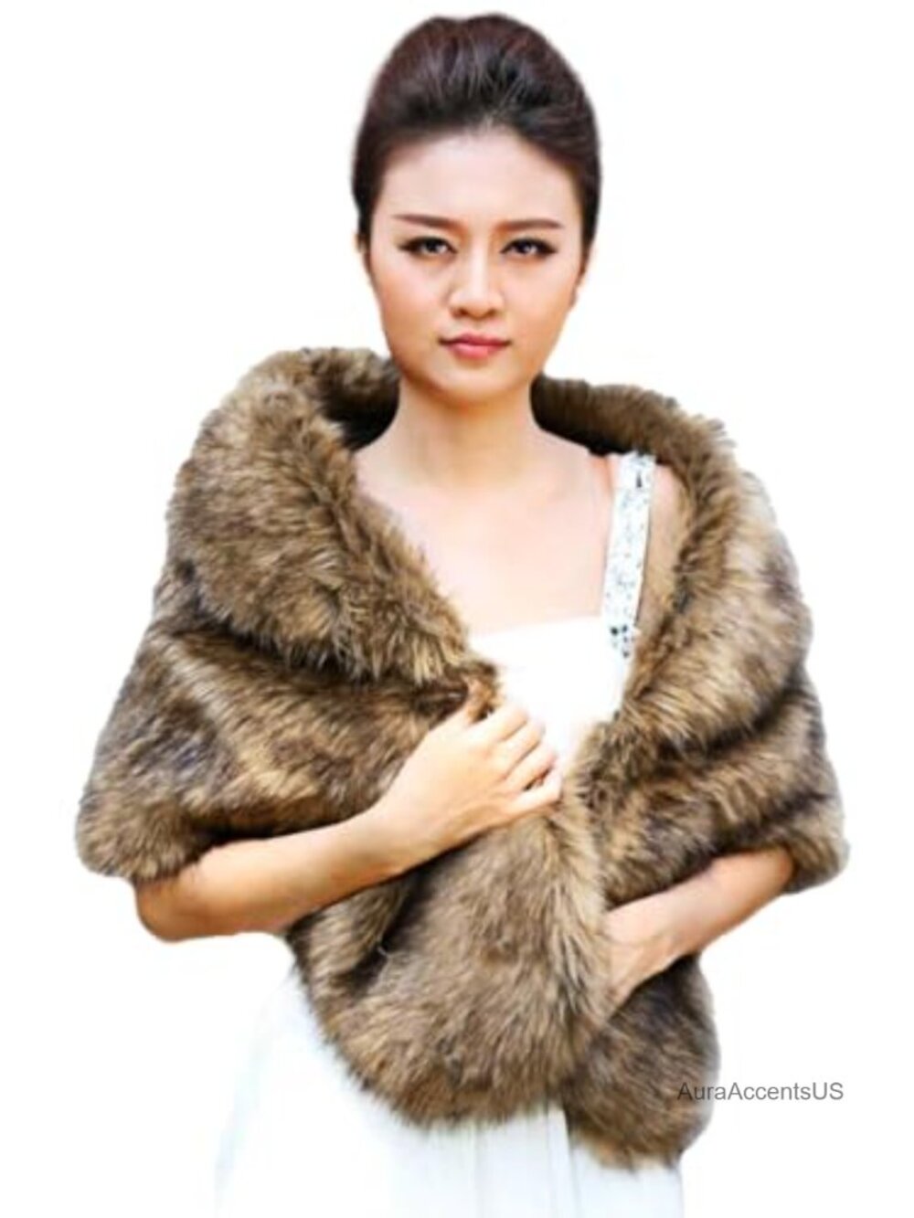 Faux Fur Bridal Shawl with Rhinestone Brooch Wedding Wrap Stole